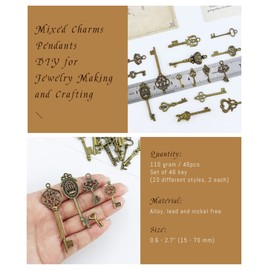 JIALEEY Vintage Skeleton Key Charms, 23 Type of 46PCS Antique Bronze Key Charms for Necklace Pendant DIY Jewelry Making Supplies Wedding Favors