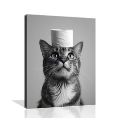OWNANRTHM Cat Bathroom Canvas Wall Art Funny Animal Bathroom Canvas Wall Art Black And White Animal Bathroom Canvas Cat Bathroom Painting Decor for Bathroom Restroom Wall Decor Framed 8X10 inch