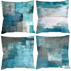 Turquoise Grey Cushion Covers 50 x 50 cm Set of 4 Decorative Cushions Modern Sofa Cushion Linen Cushion Cover Abstract Painting Decorative Cushion Aesthetic Couch Cushion Cuddly Cushion for Sofa