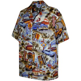 Route 66 Hawaiian Shirts - Mens Hawaiian Shirts - Aloha Shirt - Hawaiian Clothing - 100% Cotton Khaki XL