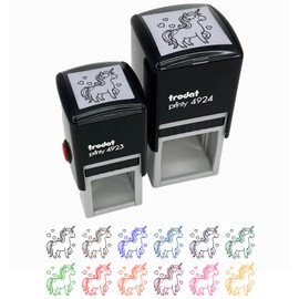 Cute Unicorn with Hearts Self-Inking Rubber Stamp Ink Stamper - 1 Inch Small - Pink Ink