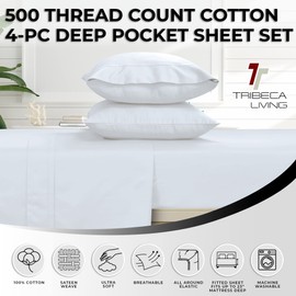 Tribeca Living Queen Bed Sheet Set, Soft Egyptian Cotton Sateen Solid Sheets and Pillowcase Set, Deep Pocket, 500 Thread Count, 4-Piece Luxury Bedding, White