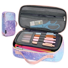 XQXA Large Capacity Pencil Case Multi-Slot Pencil Pouch Durable Pencil Box Portable Makeup Bag with Handle for Office (Pink Starry)