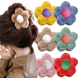 Set of 6 Cute Plush Flower Hair Clips Set, Colour Flower Hair Clips Cute Kawaii Flower Hair Clip Vintage Elegant Plush Floral Claw Clip Flowers Hair Clips for Women Girls Hair Accessories