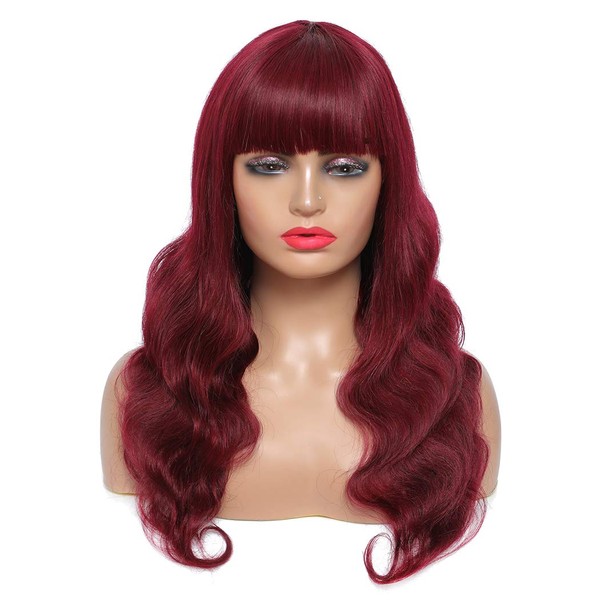 Dark Red Body Wave Human Hair Wig 1 Piece, Burgund Wavy Curl None Lace Front Wigs with Bangs Glueless for Black Women (Burgundy, Body Wave, 24")