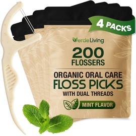 Hilo dental biodegradable de doble hilo Verde Living (200 unidades) - Hilo dental ecológico de origen vegetal con sabor a menta para dientes apretados - Hilo dental sin plástico con diseñ