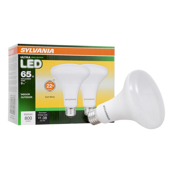 SYLVANIA LED BR30 Reflector Lamp, 9W (65W equivalent), Medium Base (E26/24), Soft White (2700 K), 800 Lumen, 2-pack