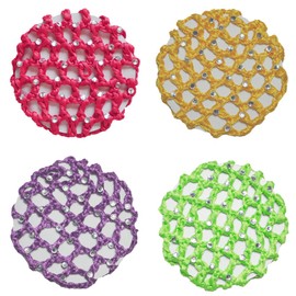 Crochet Bun Cover Hair Net With 30 Rhinestones 4 Pcs Color Pack (Red-Ylw-Pup-Grn)