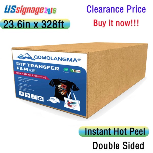 QOMOLANGMA 2Rolls/Pack Instant Hot Peel DTF Transfer Film 23.6inx328ft Direct
