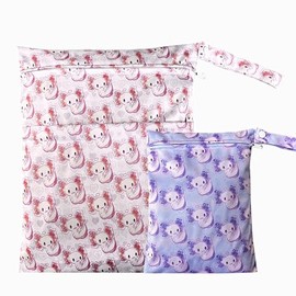 Anmubag Wet Dry Bag with Two Zippered Pockets, Waterproof Reusable 2pcs Axolotl Wet Bags for Swimsuits, Beach, Swimming Pool,Dirty Yoga Clothes,Travel,Makeup Bag, Fitness, Storage Bag With Handle