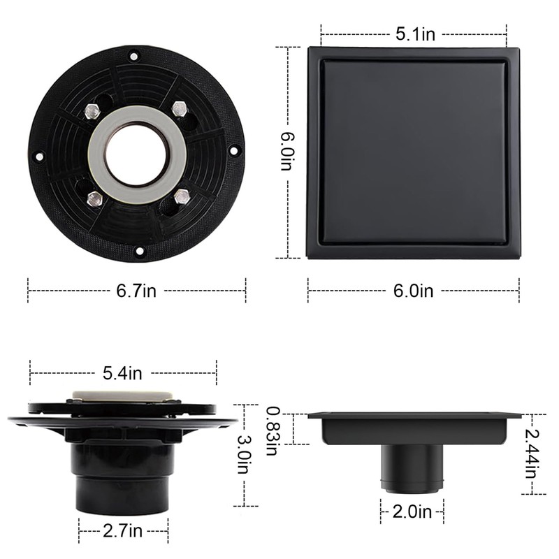 6 Inch Square Shower Floor Drain, Shower Drain Kit with