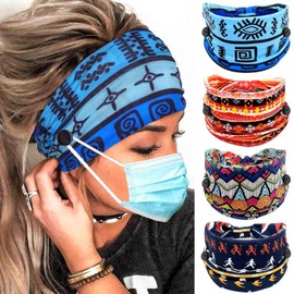 Olbye Wide Buttons Headband Nurse African Head Wraps Face Mask Headbands Elastic Knotted Turban Hairbands Workout Yoga Hair Scarfs Nursing Boho Hair Accessories for Women 4Pcs (Print C, 5.9 * 9.8'')