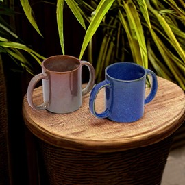 2activelife- Double Grip Ceramic Mug: BPA-Free Dual Handle Design for Secure Hold, 11.83 US Fl. Oz. (350 Ml), Elegant Blue Color, Microwave Safe Drinking (Blue+Brown)