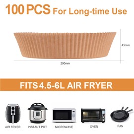 AiQInu Baking Paper for Hot Air Fryer, Airfryer Baking Paper, Round, 20 cm, Pack of 100, BPA-Free, Waterproof, Oil-proof, Parchment Paper, Liner, Airfryer Accessories, for Hot Air Fryer, Oven,