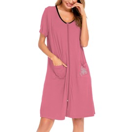 SWOMOG Women Zipper Housecoat Lightweight Short Loungewear Robe House Dress for Elderly Summer Nightgown Sleepwear with Pockets