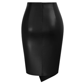 Kate Kasin Women's Leather Pencil Skirts Knee Length Side Wrap Knot Business Casual Skirt Zipper High Waist Slim Skirts Black M