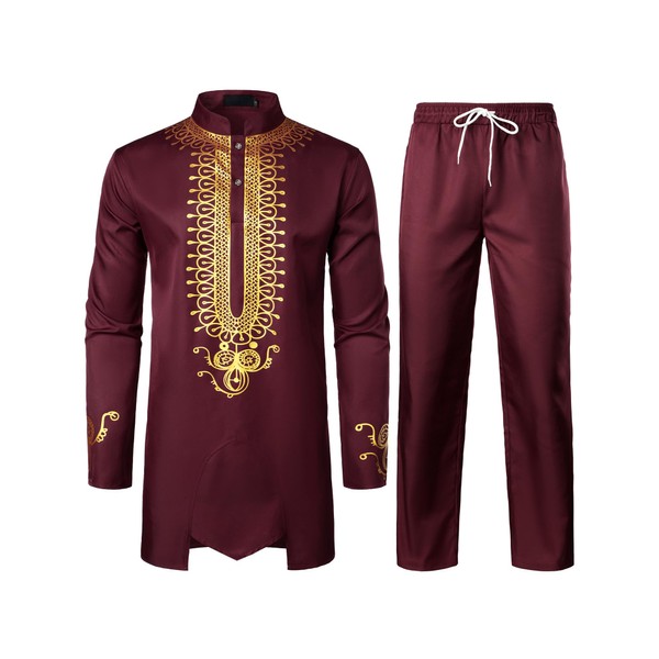 ZEROYAA Men's Africa Suit Long Sleeve Print Dashiki and Pants