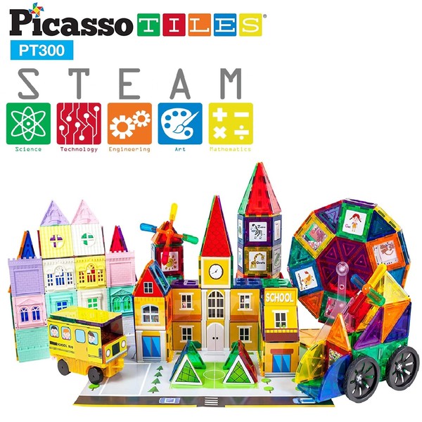 PicassoTiles Master Builder Magnetic Early Educational Toy Building Block Kit with 3 in 1 Playboard for Kid,Baby Ages 3 and Up, STEM Construction with School, Bus, Hospital, Police Station, 300 Piece
