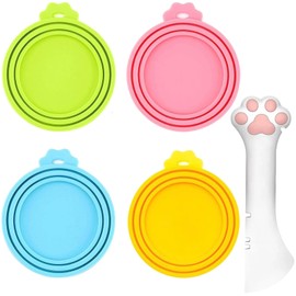 IVIA PET Food Can Spoon & Lids, One Multi-Functional Opener Spatula, 4 PCS BPA Free Silicone Universal Can Covers, Cute Paw Shape Spoon for Cat Dog Wet Food (Pink)