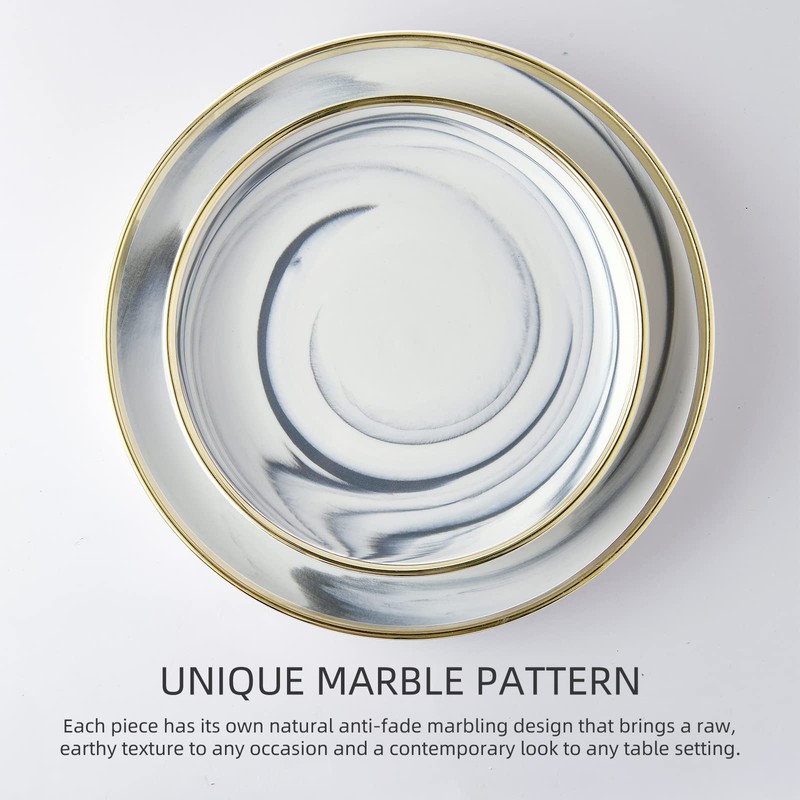 Pokini Marble Gold Rim Dinnerware Sets, Porcelain Plates and Bowls