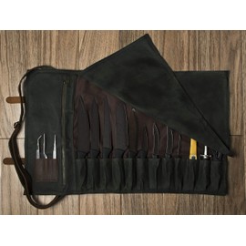 Asaya Waxed Canvas Knife Roll - 15 Knife Slots, Card Holder and Large Zippered Pocket - Genuine Leather, Cloth and Brass Buckles - for Chefs and Culinary Students - Knives Not Included