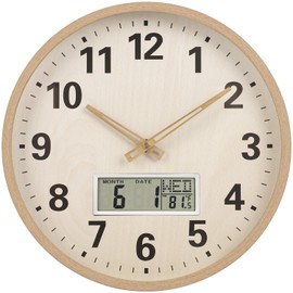zyzamay 12 Inch Modern Light Brown Wood Grain Indoor/Oudoor Wall Clock with LCD Display Thermometer & Week & Date, Silent Accurate Timekeeping, Large Wood Grain Numbers in White Dial