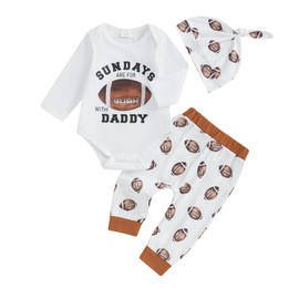 Newborn Baby Boy Football Outfit Sundays are for Football with Daddy Romper Rugby Pants Hat 3Pcs Fall Clothes (White, Newborn)
