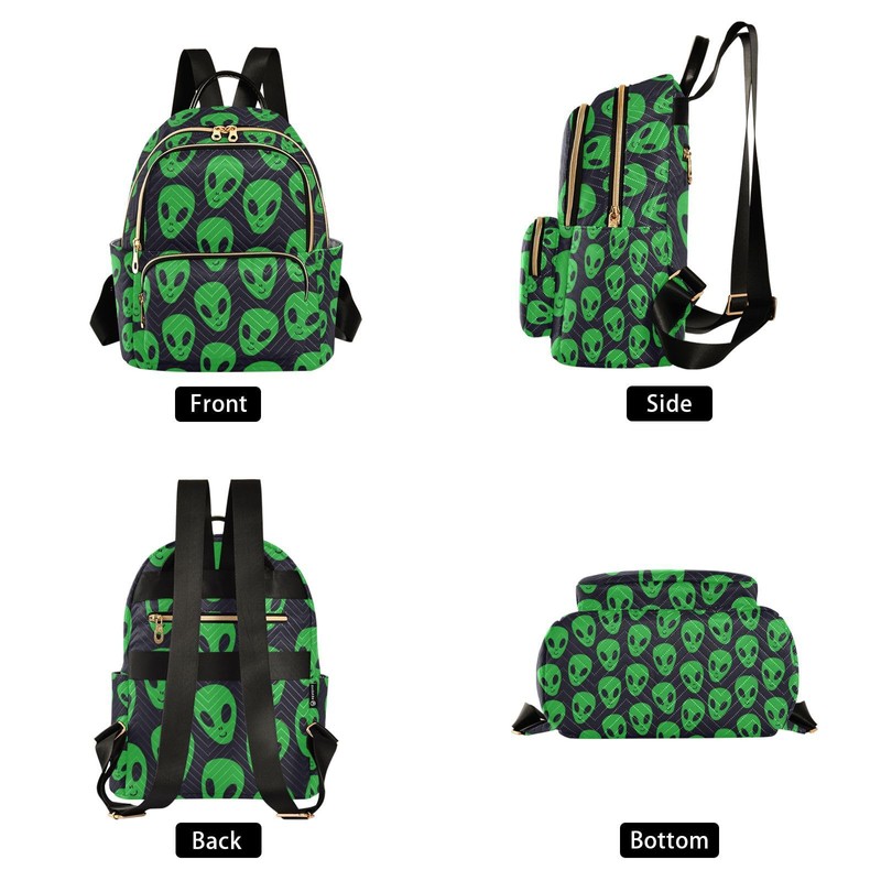 Yasala Women Fashion Backpack Green Aliens Face Sturdy Daily Bag
