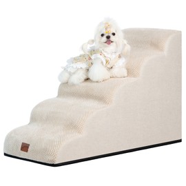 GoGoBunny Ramp Dog Stairs for High Beds 22.6" H, 5-Step Dog Slope Stairs with Durable Waterproof Fabric Cover, Pet Steps for Old Large Dogs Climbing, Non-Slip Sturdy Indoor Step, Beige