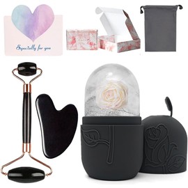 Face Ice Compress Scraping Gift Box, incluye rejilla de hielo de silicona para compresas faciales, rodillo de cristal en polvo, tabla de raspado de cristal en polvo, etc. Usted puede dar masaje facial, conveniente para el regalo de cumpleaños, Navidad, dí