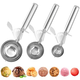 Cookie Scoops Set of 3 Ice Cream Scoop with Trigger 18/8 Stainless Steel, 3PCS Different Size Cupcake Scoop for Baking Mashed Potatoes Meatball Watermelon Muffin Batter Measuring (7cm + 5.8cm + 4cm)