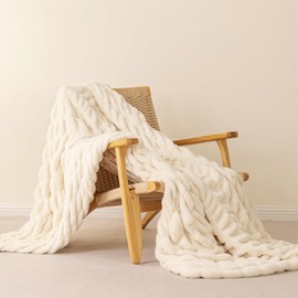 Sophia & William Ruched Faux Fur Throw Blanket Bed Blanket - Luxury Lightweight Plush Fuzzy Cozy Soft Blankets, Cream, 60" x 80"