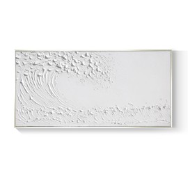 White Handmade Ocean Waves Painting Wall Art - Large Framed 3D Texture Home Decor 48x24 Canvas Simple Artwork Living Room Bedroom Decor