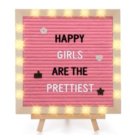 Changeable Felt Letter Board with LED Lights - 10×10" Message Custom Signs & Wood Stand & 450 Letters, Poster Board for Christmas/Pregnancy/Baby Announcement/Baby Shower/Wall Decor Gifts, Pink