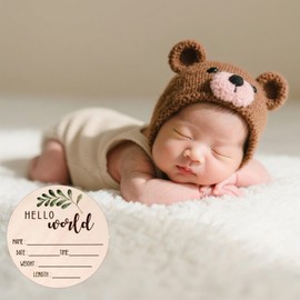 Baby Announcement Sign, 5.9Inches Hello World Newborn Sign, Double Sided Wooden Birth Announcement Signs Baby Photoshoot Props for Girl Boy Baby Shower Hospital Nursery