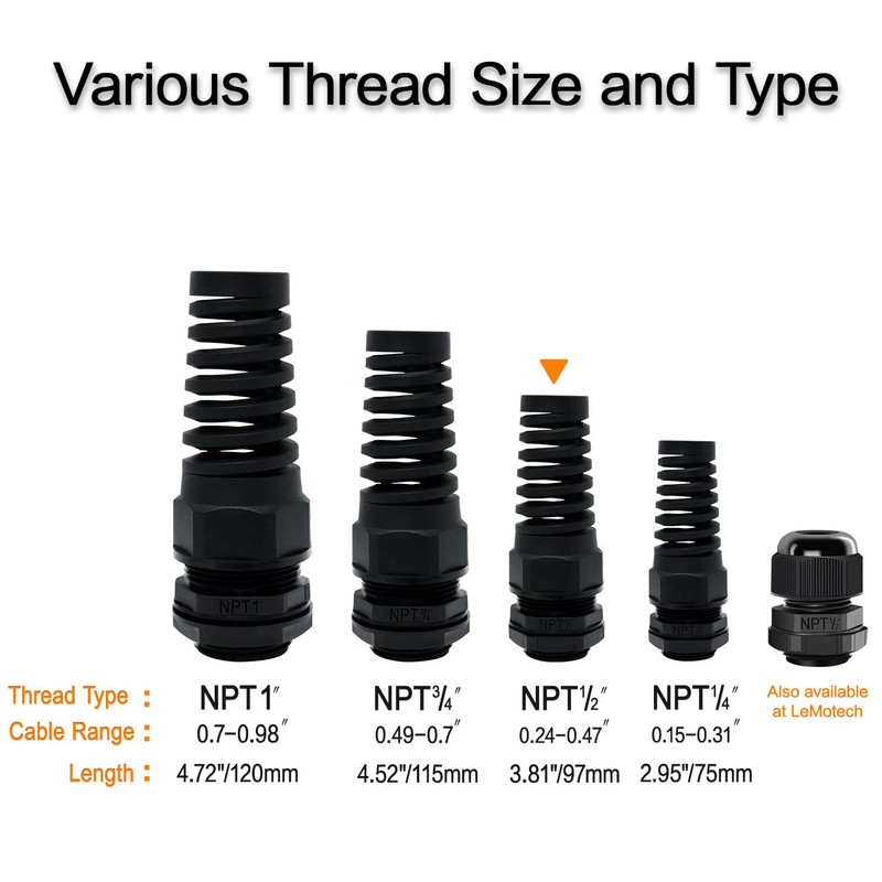 LeMotech 20Pcs NPT 1/2" IP68 Waterproof Cable Gland Flex Spiral