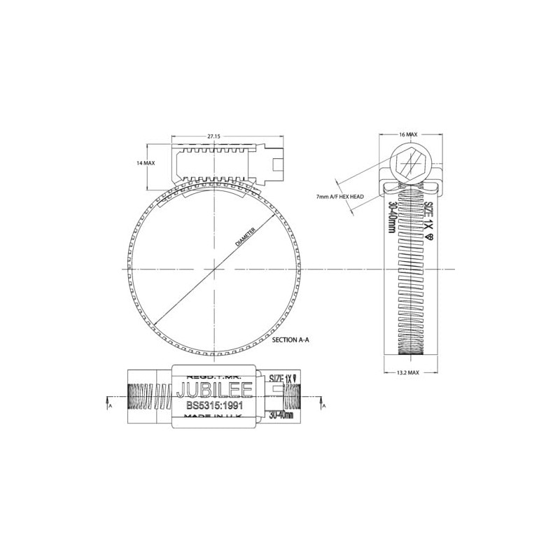JUBILEE JBL-1XMS Hose Clip, Tightening Diameter 1.2 - 1.6 inches