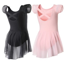 DIPUG Ballet Leotards for Girls Ballet Leotard with Skirt Toddler Dance Leotards Flutter Sleeve and Criss-Cross Back Black Pink Size 6-8