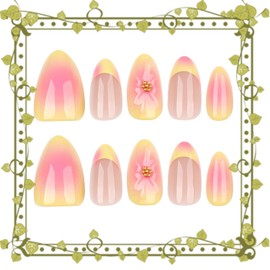 Flower Press on Nails Short Almond Shaped Artificial Acrylic Nail French Colorful Gradient 3D Floral Blush with Gold Pearl Stick on Nail Full Cover Reusable Coffin Artificial Fingernails for Women