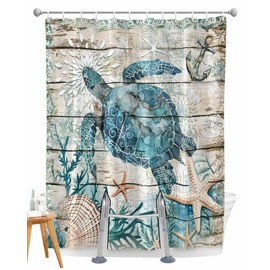 Coastal Turtle Split Shower Curtain for Bath Transfer Benches, Waterproof Farmhouse Nautical Bath Curtains with 2 Vertical Slits, Starfish Shells Anchor Bathtub Shower Curtains for Bathroom 72"x72"