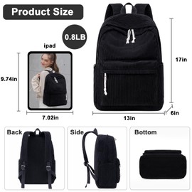 Mochila escolar para adolescentes, grande, de pana, ligera, para niñas, casual, para la escuela secundaria, universidad, 17 pulgadas, bolsa de viaje para portátil, Negro -, 17 pulgadas, Classic