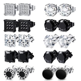 Uwiyo 10 Pairs Men's Earrings, 8mm Stainless Steel Earrings Studs Silver Black Cubic Zirconia Studs Earrings Hypoallergenic Rund Square Earrings for Men Women (Set 1)