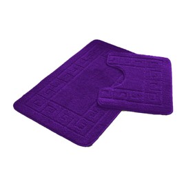 Lions 2 Piece Non Slip Striped Bath Mat & Pedestal Set - Greek Key Pattern Bathroom Toilet Rugs, Microfibre Mats, Super Soft Bathmat (Purple, Normal)