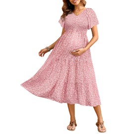 Floral Maternity Dress Photoshoot Baby Shower Easter Pregnancy Summer Pink Casual Flowy Midi Flutter Sleeve Dress 2025