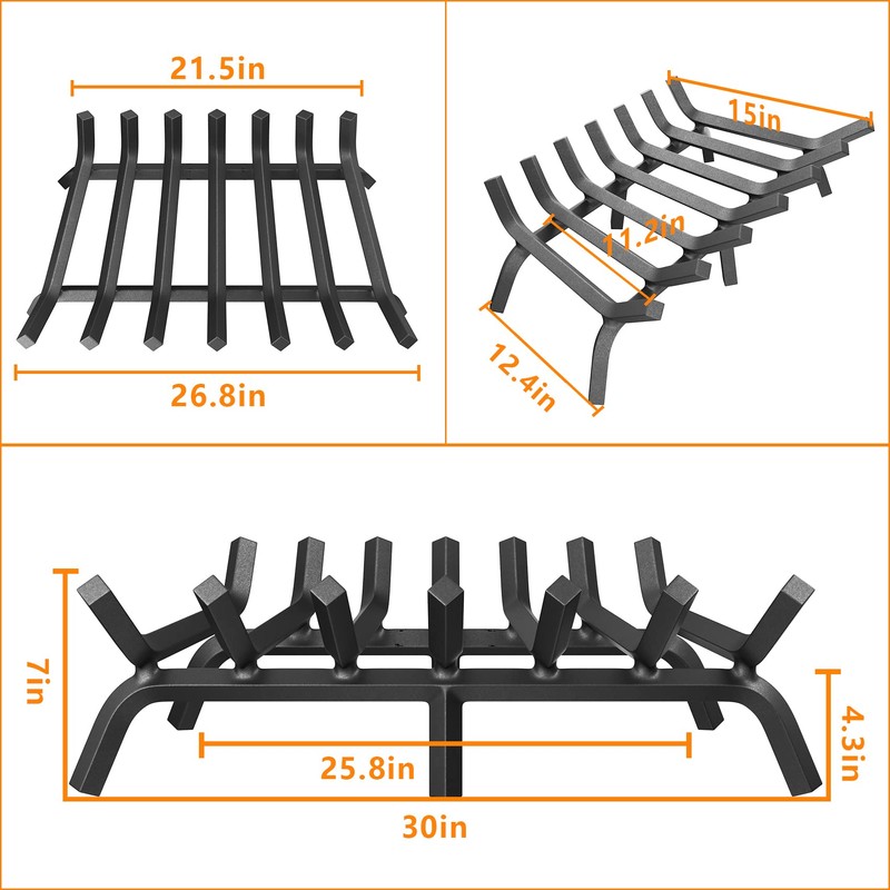 Mr IRONSTONE Fireplace Grate 30 inch Solid Steel Heavy Duty