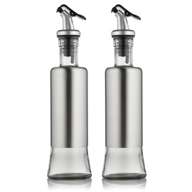 FARI Stainless Steel Olive Oil Dispenser Bottle Set, 2 Pack of 10oz Glass Cooking Oil & Vinegar Cruet Set for Kitchen and BBQ
