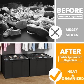 SpaceAid Shoe Organizer for Closet, 2 Pack Foldable Shoe Storage Containers Baskets Boxes Bins w/Adjustable Dividers, Fits 16-32 Pairs, Black