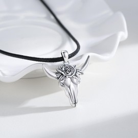 AOSAIB Satanic Necklace 925 Sterling Silver Ox Head Rose Necklace Cow Skull Necklace Bull Head Skull Pendant Satanic Jewelry Pagan Gift Religous Jewelry Gifts for Women Men