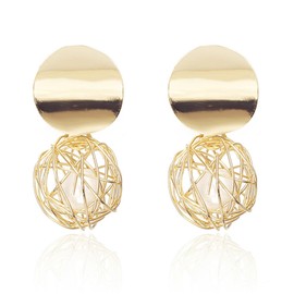 Gold Plated Round Disc Earrings for Women Bohemian Elegant Double Layered Hollow Twist Wire Ball Woven Love Knot Ball Caged Pearl Dangle Drop Earrings for Birthday Jewelry Gifts (Gold disc earring)