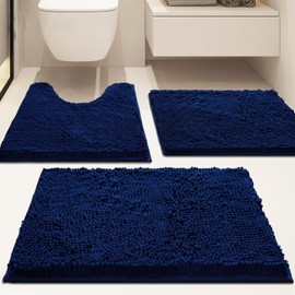 Flotstiga Bathroom Rugs Sets 3 Piece,Super Absorbent Soft,Thick,Machine Washable Chenille Bath Mat,Non Slip Toilet Floor Rug,Bath Mats for Bathroom,16x24 Plus 20x32 Plus 20x20 U Shape,Navy Blue